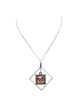 Vintage Square Pendant with Enamel Butterfly in Silver Tone Frame on Delicate